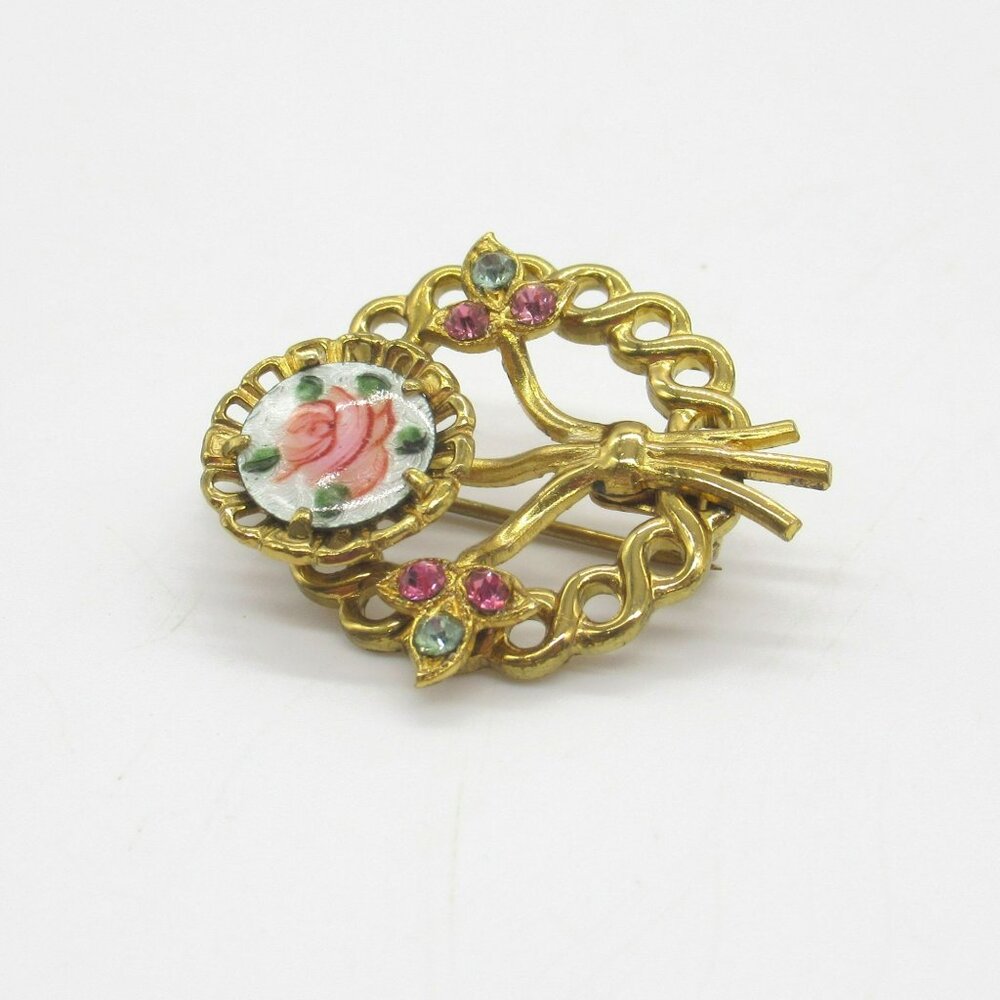 Vintage Guilloche Enamel Rose Pink & Blue Rhinestones Floral Brooch